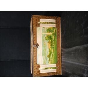 Vintage Scenic Tin Storage Box with Lock